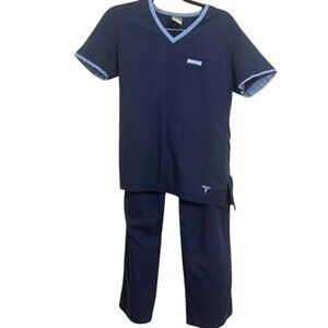 Metro Scrubs Navy Blue V-Neck Scrub Set With Light Blue Trim & Drawstring Pants